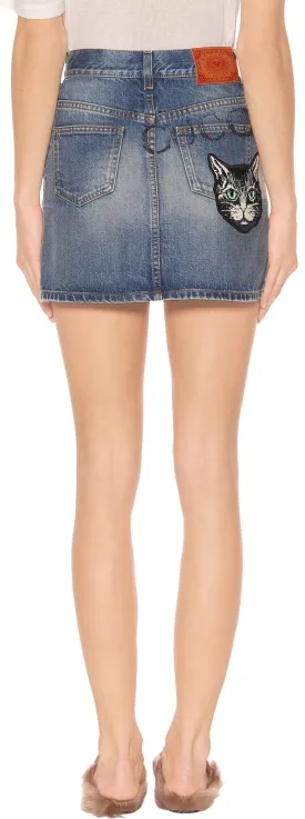 Embroidered Cat denim Mini-Skirt