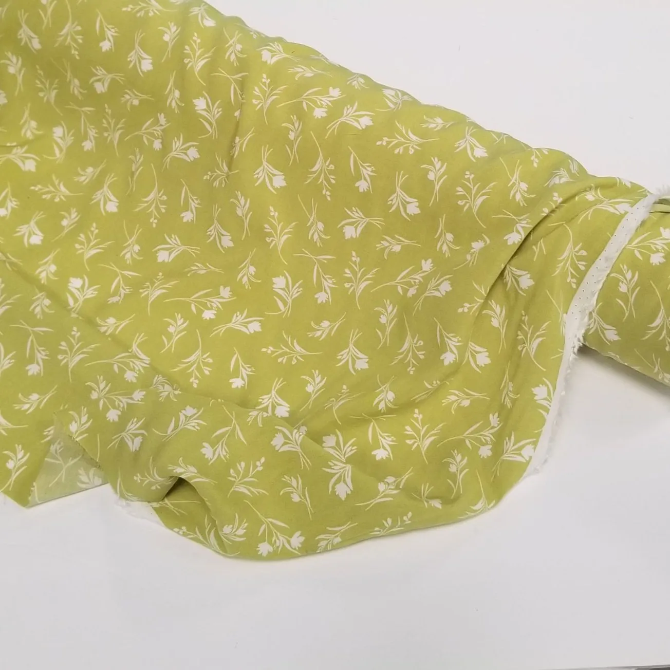 End of Bolt: 3 yards of Designer Deadstock Rayon Challis Floral Lime Green and Ivory Woven-remnant