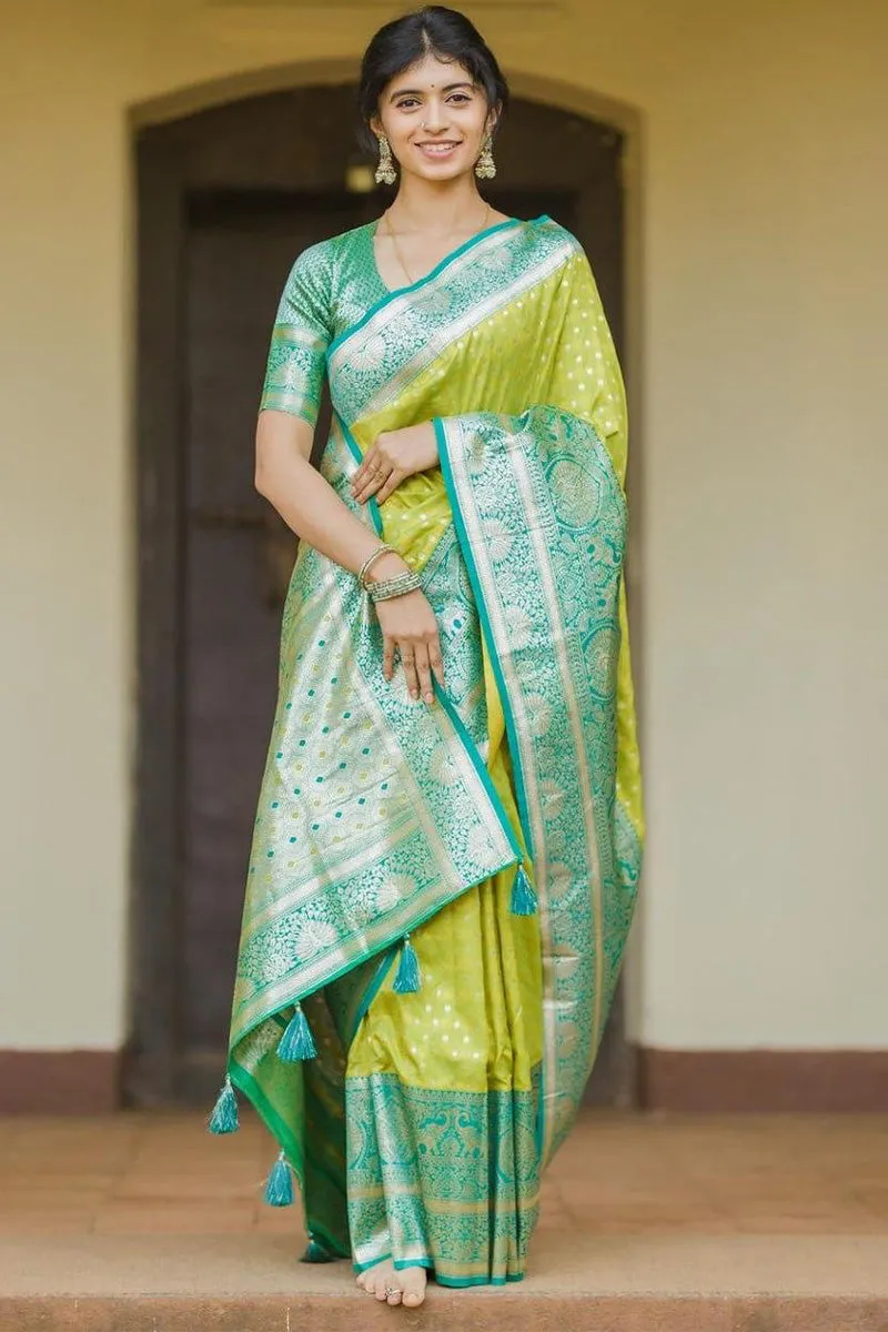 Enticing Parrot Soft Silk Saree With Blooming Blouse Piece