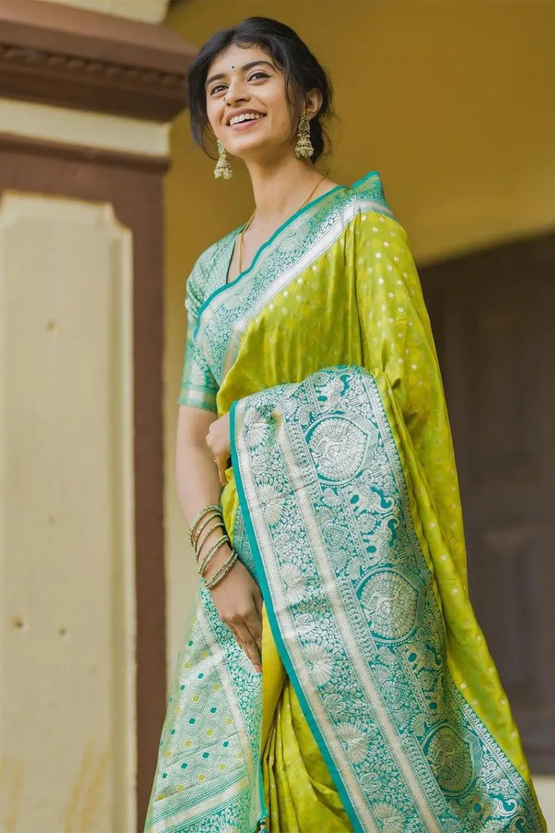 Enticing Parrot Soft Silk Saree With Blooming Blouse Piece