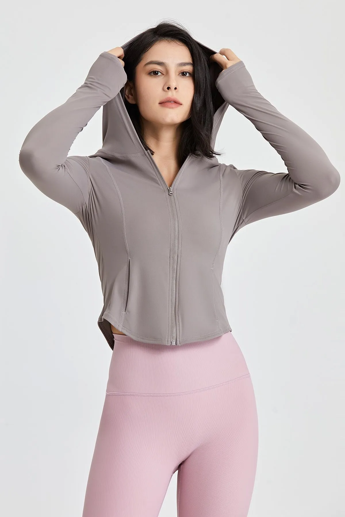 Fitted Full-Zip Crop Hoodie with Thumb Holes