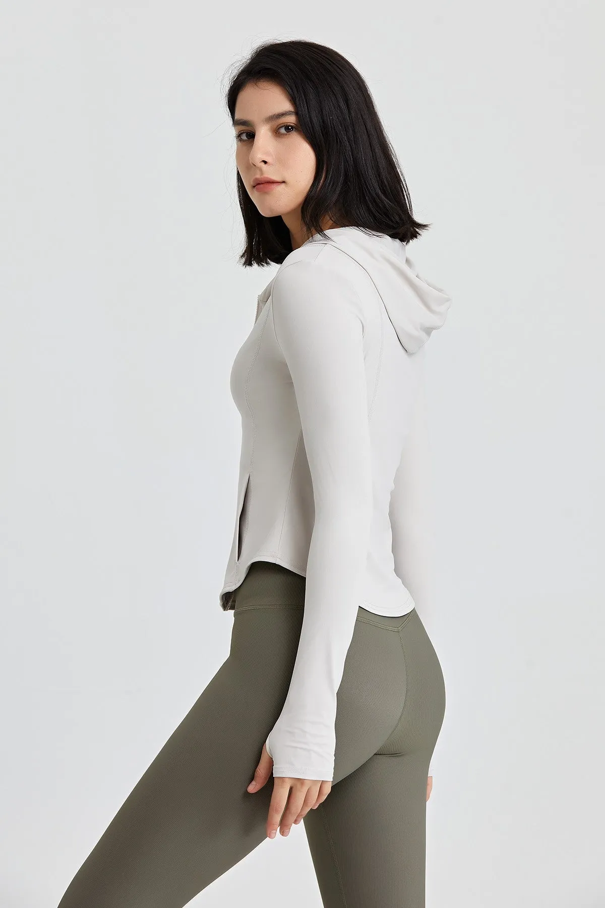 Fitted Full-Zip Crop Hoodie with Thumb Holes