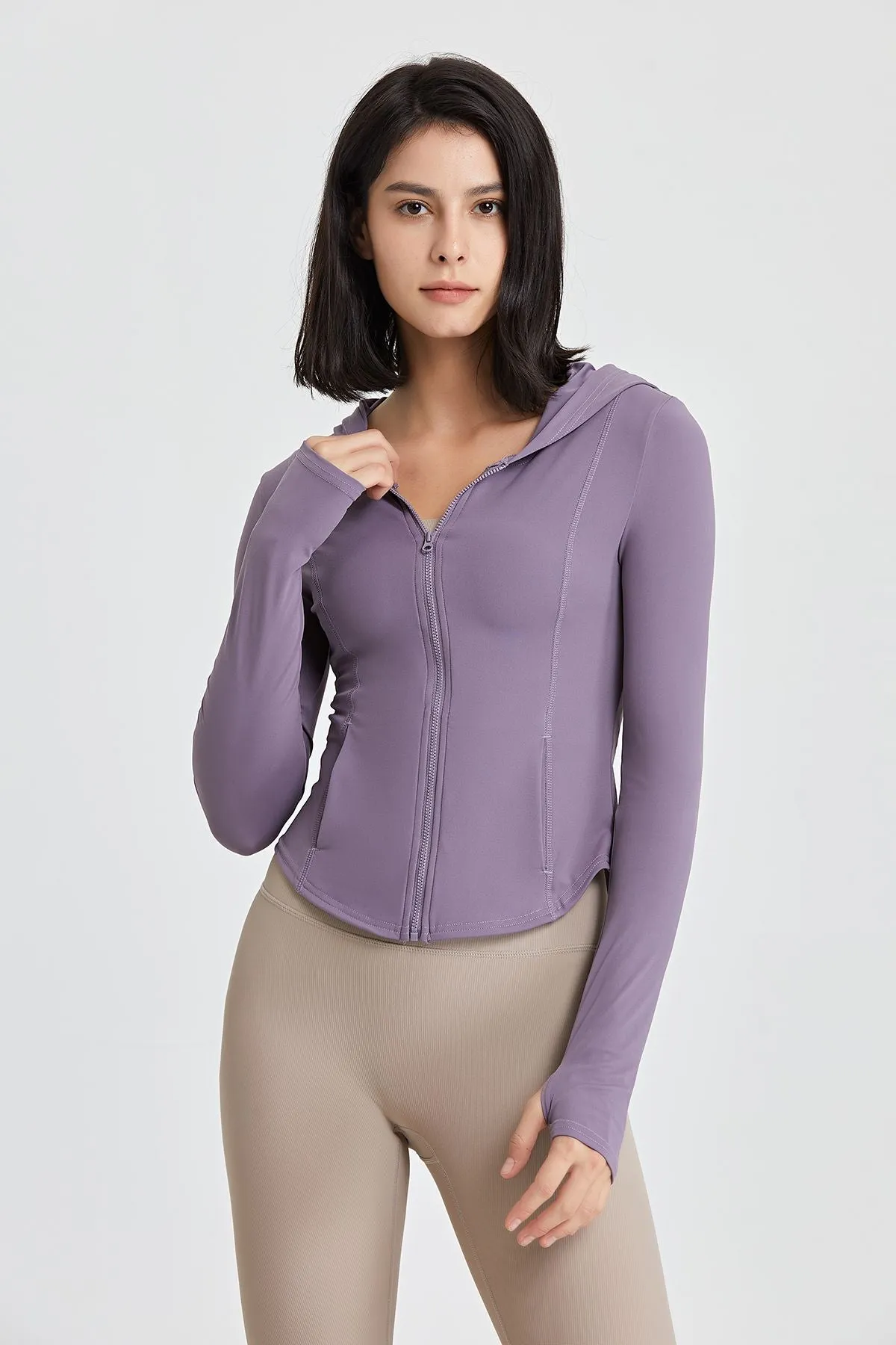 Fitted Full-Zip Crop Hoodie with Thumb Holes