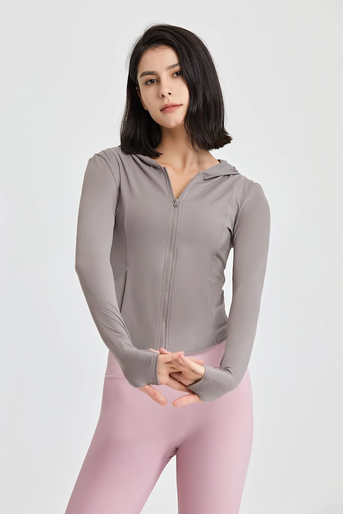 Fitted Full-Zip Crop Hoodie with Thumb Holes