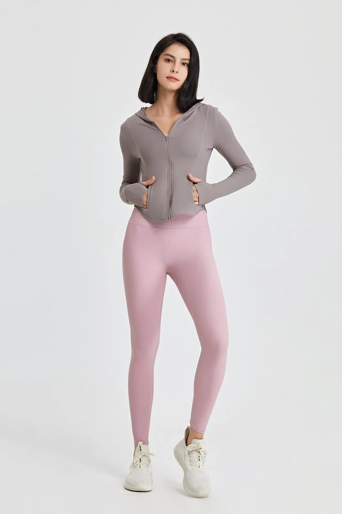 Fitted Full-Zip Crop Hoodie with Thumb Holes