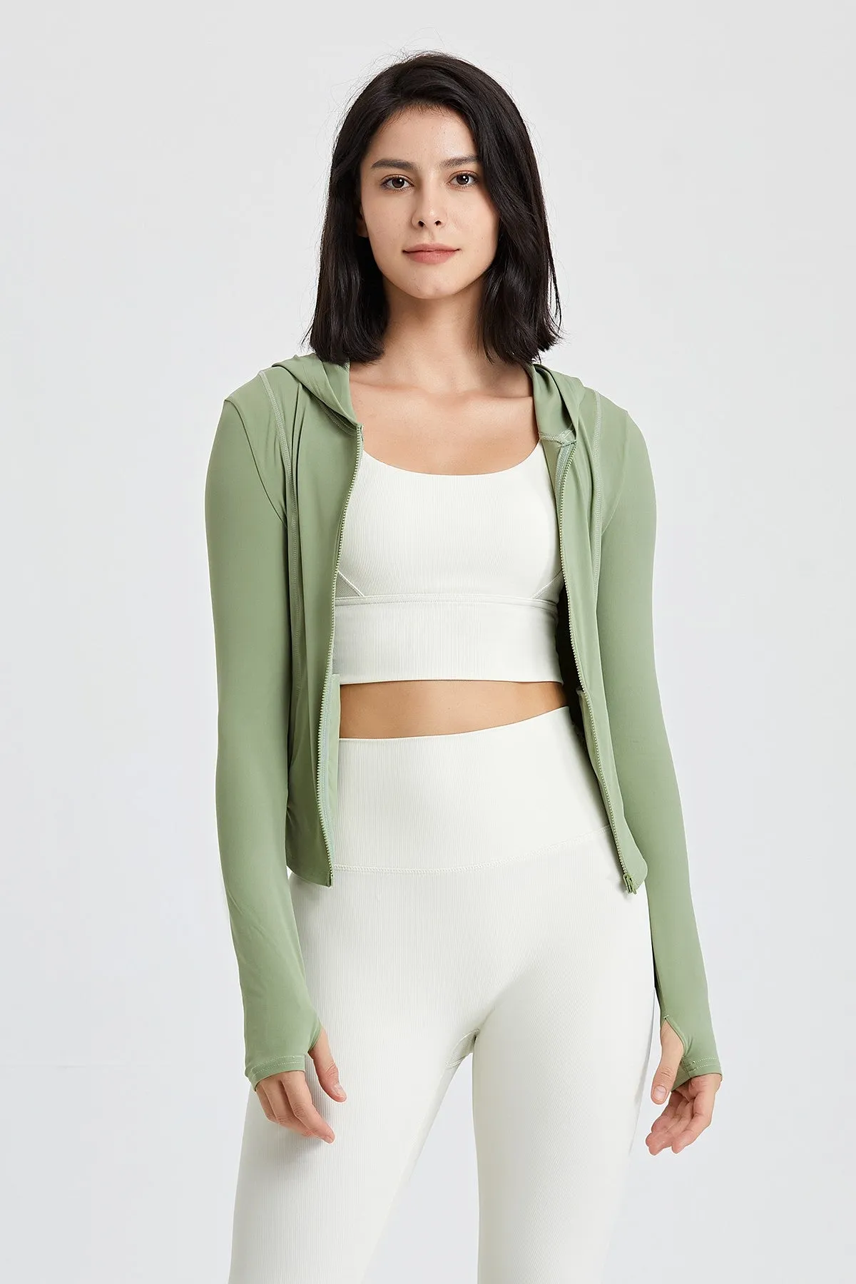 Fitted Full-Zip Crop Hoodie with Thumb Holes