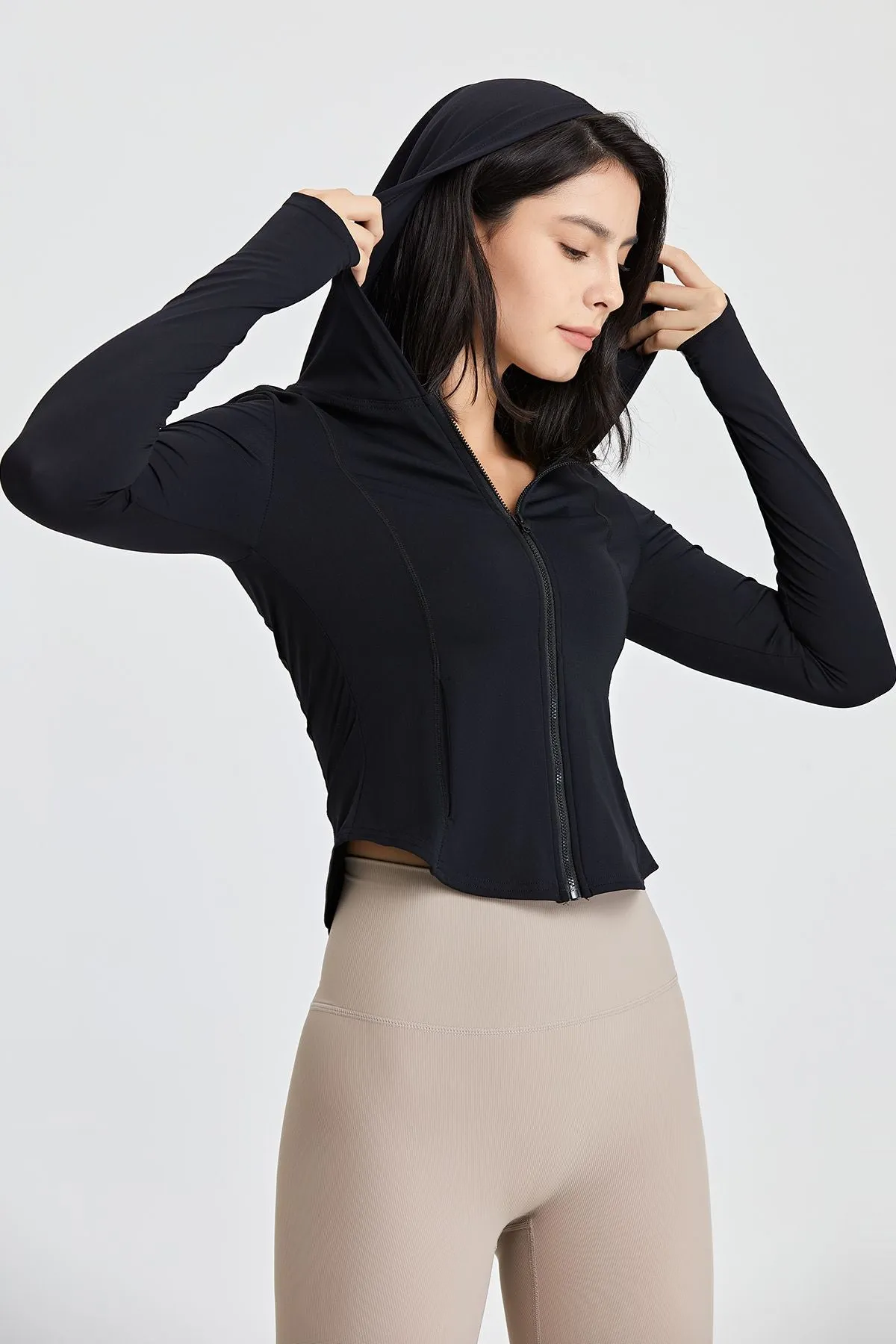 Fitted Full-Zip Crop Hoodie with Thumb Holes