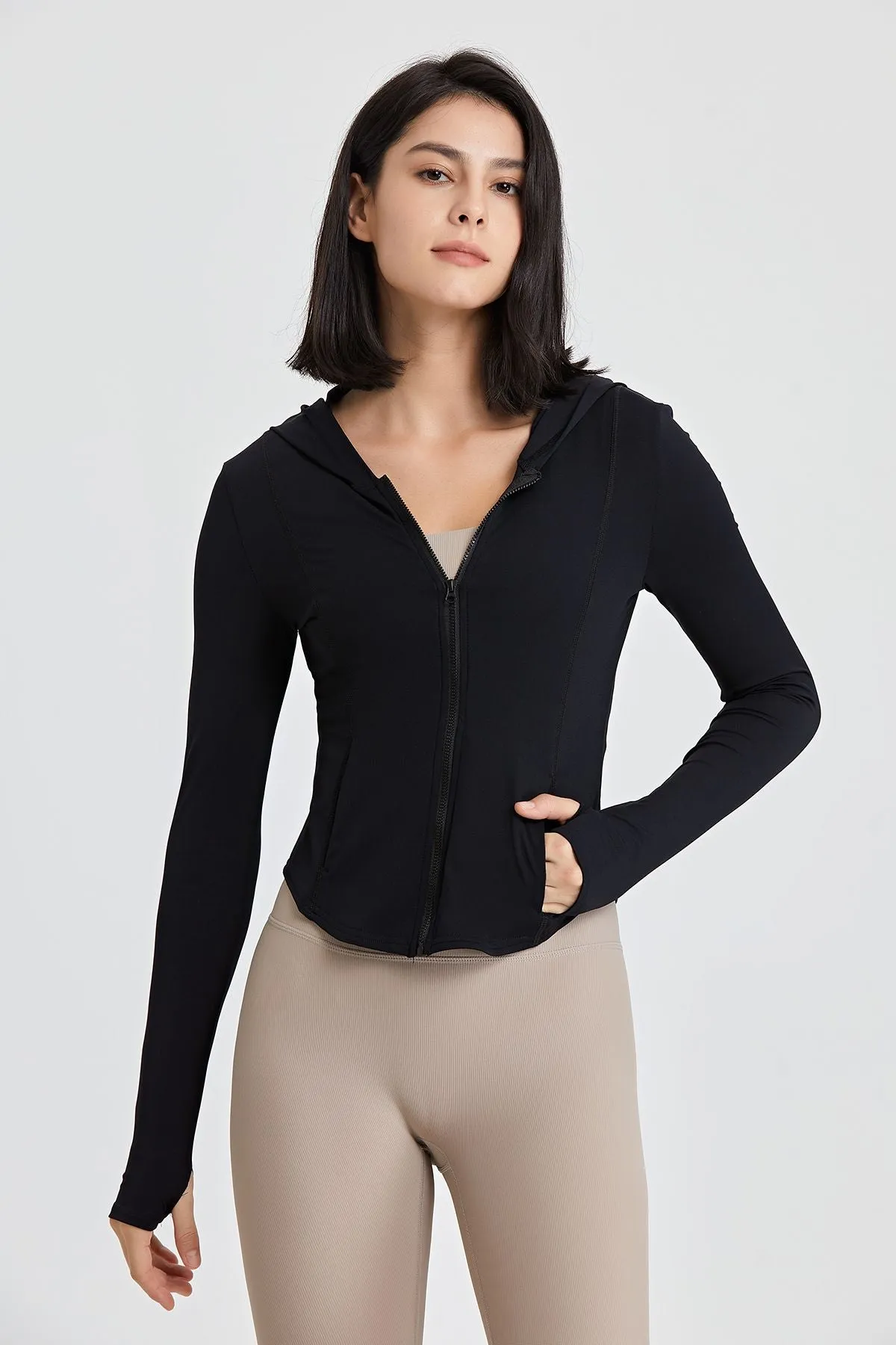 Fitted Full-Zip Crop Hoodie with Thumb Holes