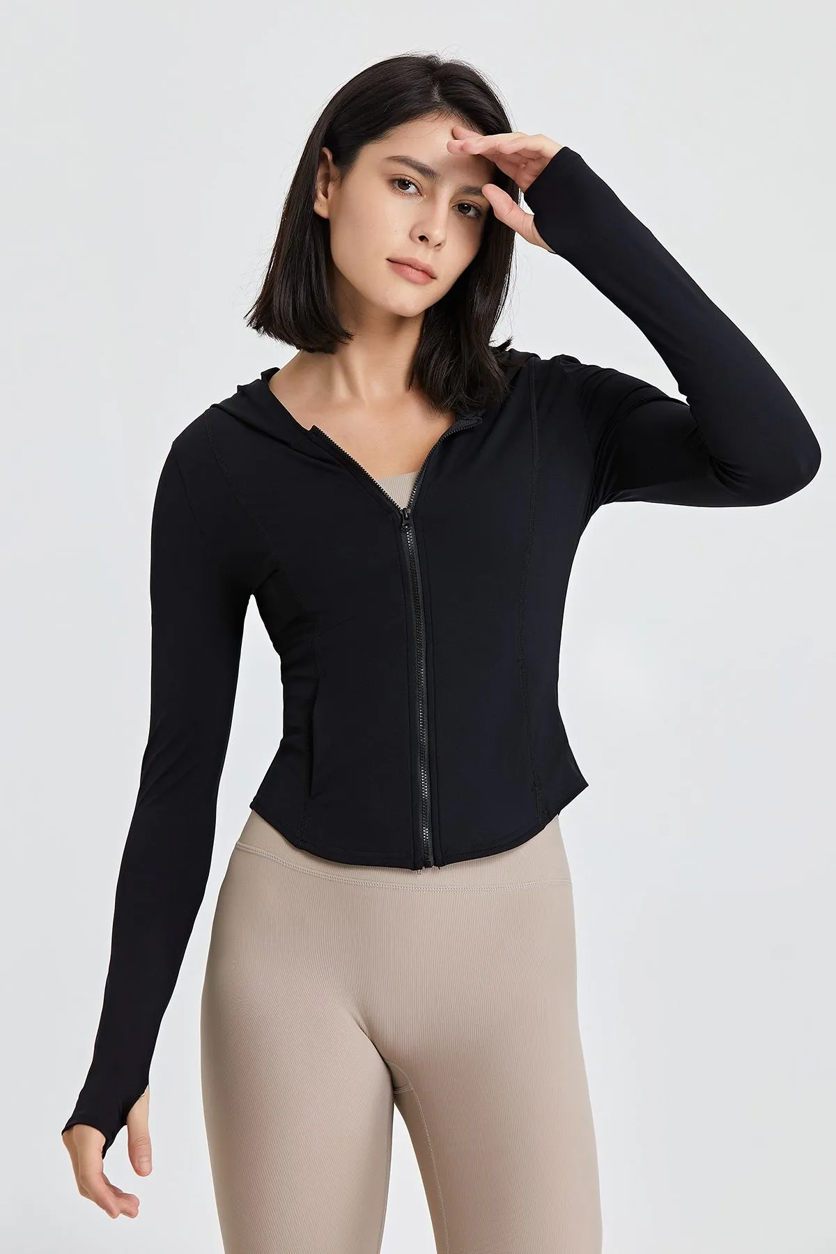 Fitted Full-Zip Crop Hoodie with Thumb Holes