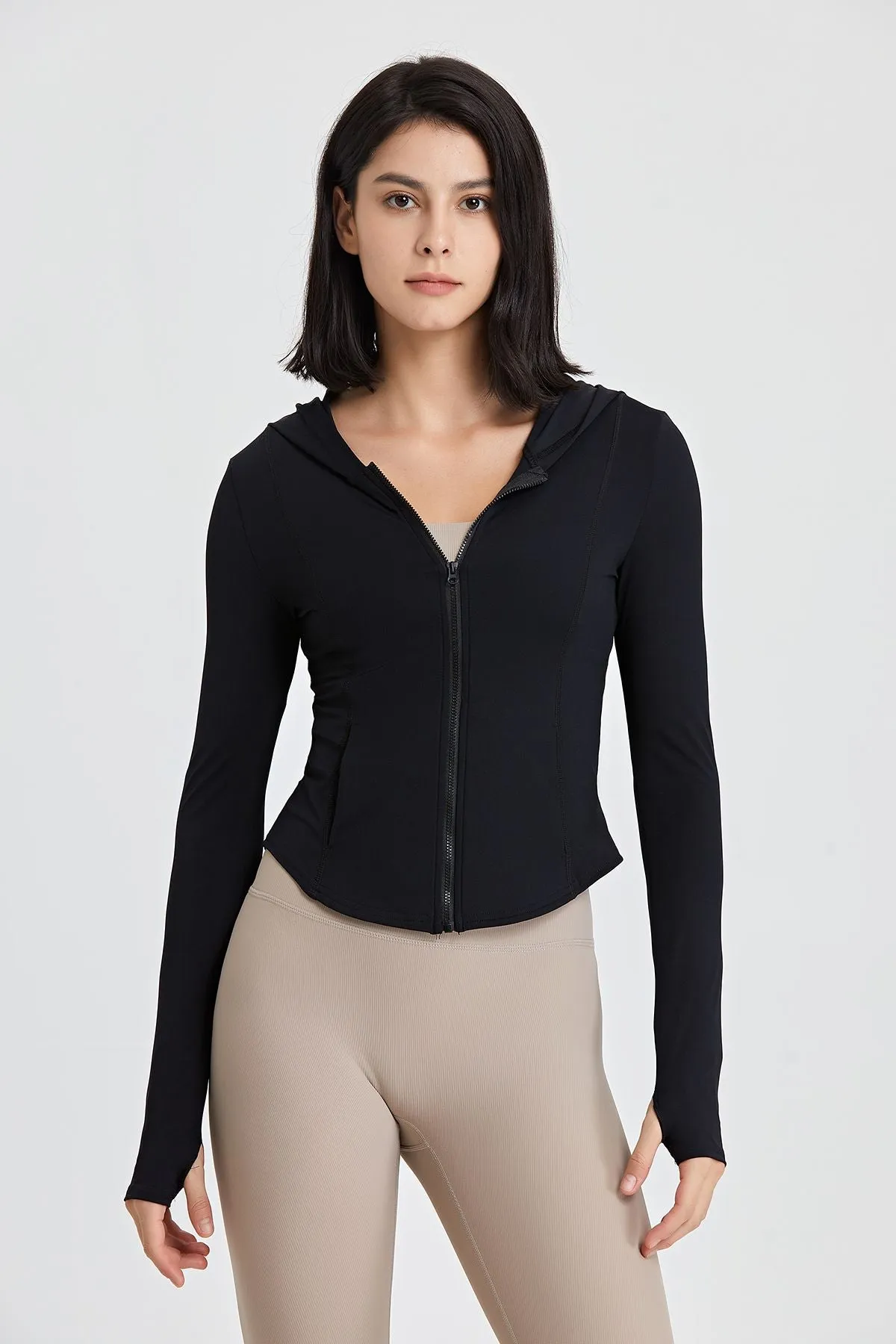 Fitted Full-Zip Crop Hoodie with Thumb Holes