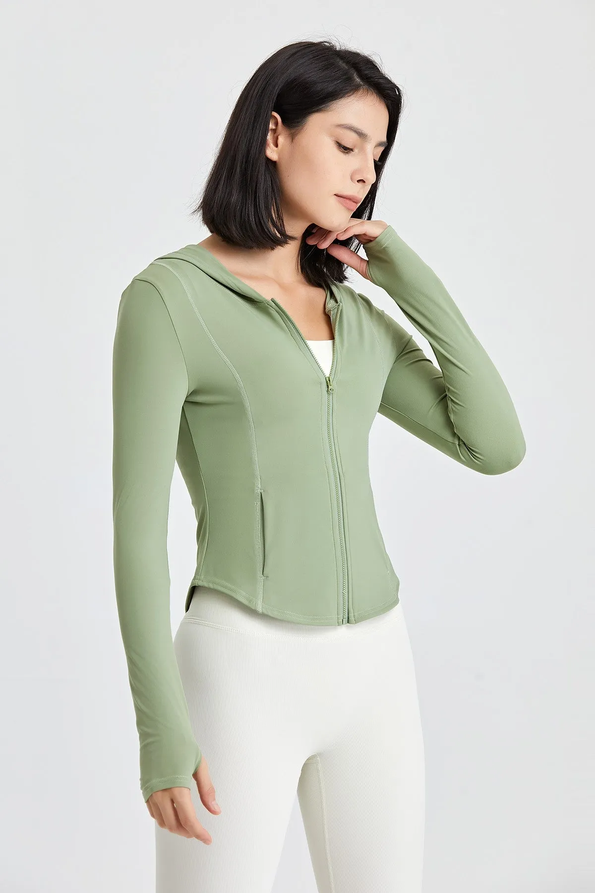 Fitted Full-Zip Crop Hoodie with Thumb Holes