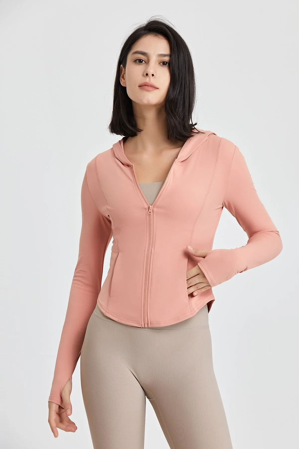 Fitted Full-Zip Crop Hoodie with Thumb Holes