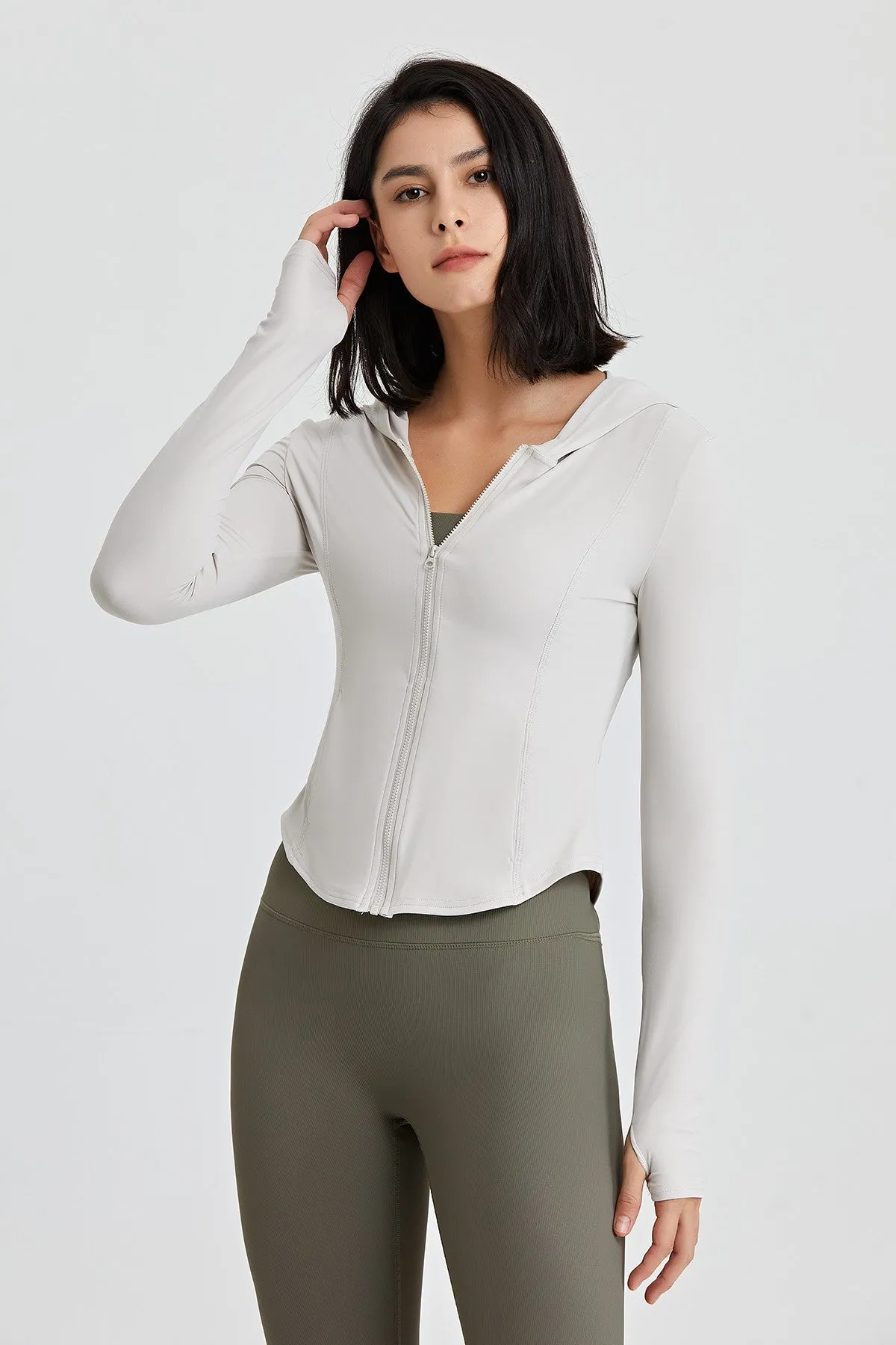 Fitted Full-Zip Crop Hoodie with Thumb Holes