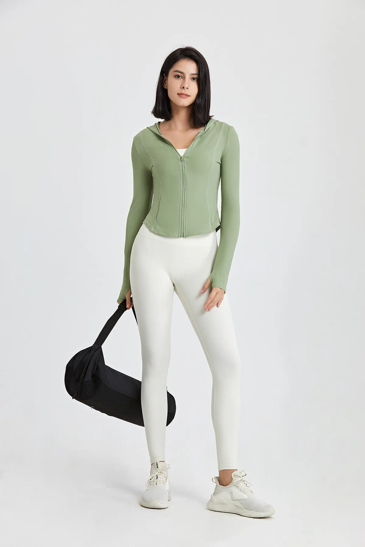 Fitted Full-Zip Crop Hoodie with Thumb Holes