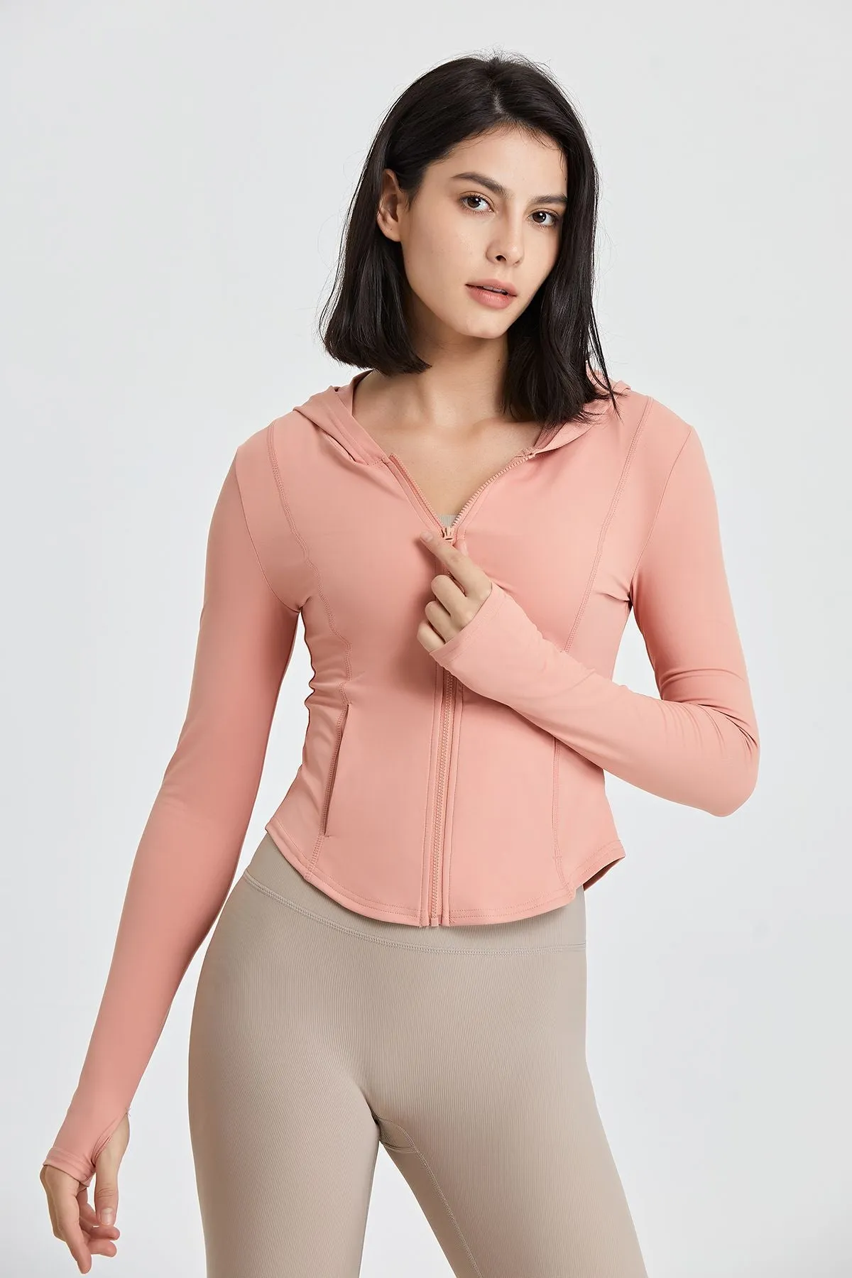 Fitted Full-Zip Crop Hoodie with Thumb Holes