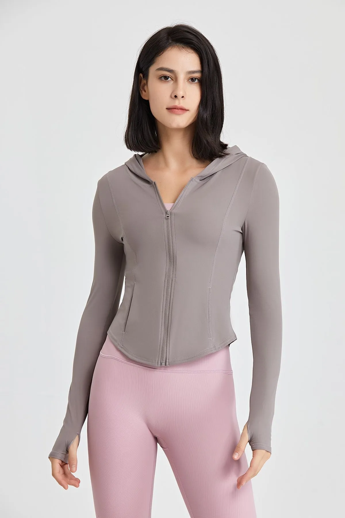 Fitted Full-Zip Crop Hoodie with Thumb Holes