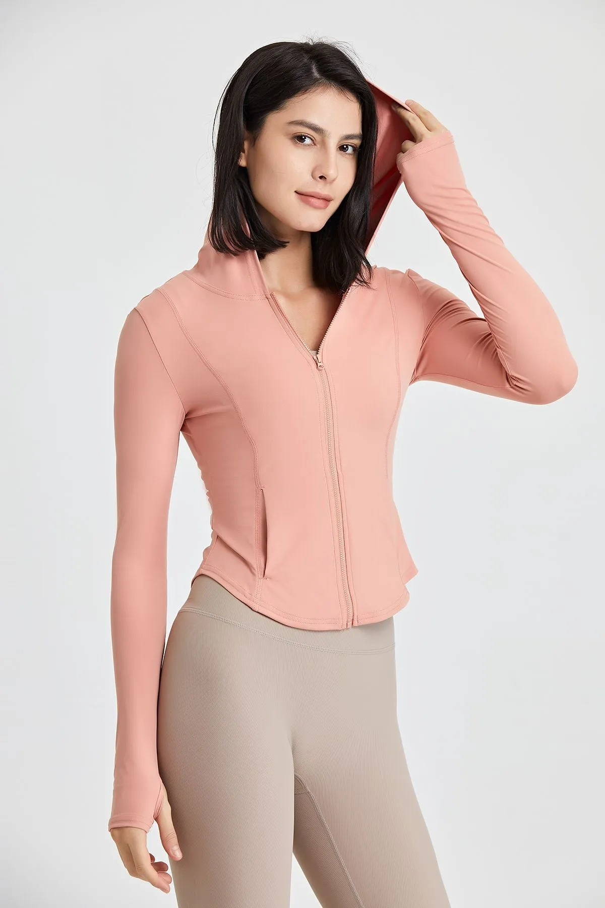 Fitted Full-Zip Crop Hoodie with Thumb Holes