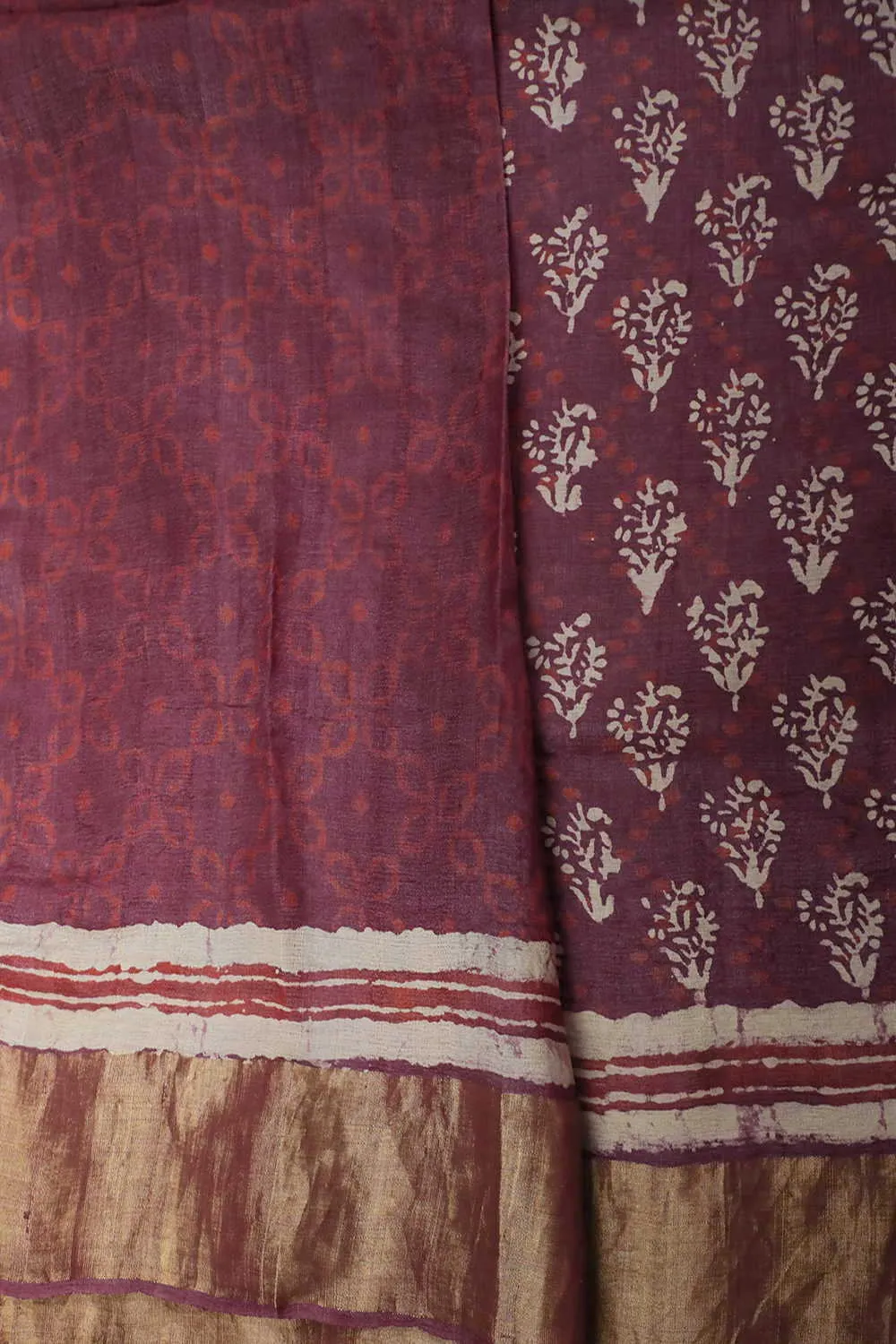 Florets on Maroon Block Printed Tussar saree