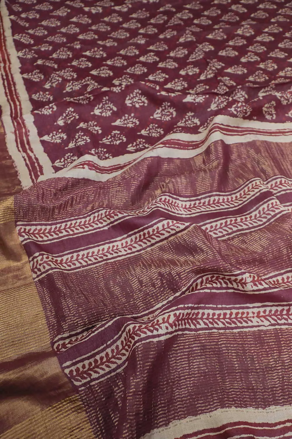 Florets on Maroon Block Printed Tussar saree