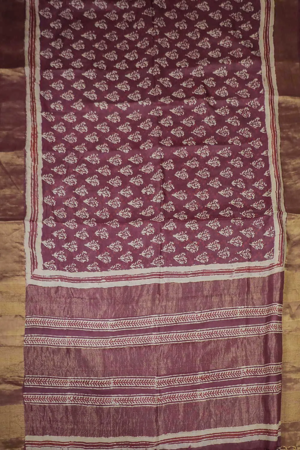 Florets on Maroon Block Printed Tussar saree