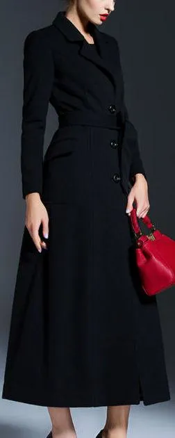 Full-Length Tie-Waist Coat in Black