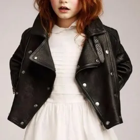 Girls Fashion Real Black Leather Moto Jacket