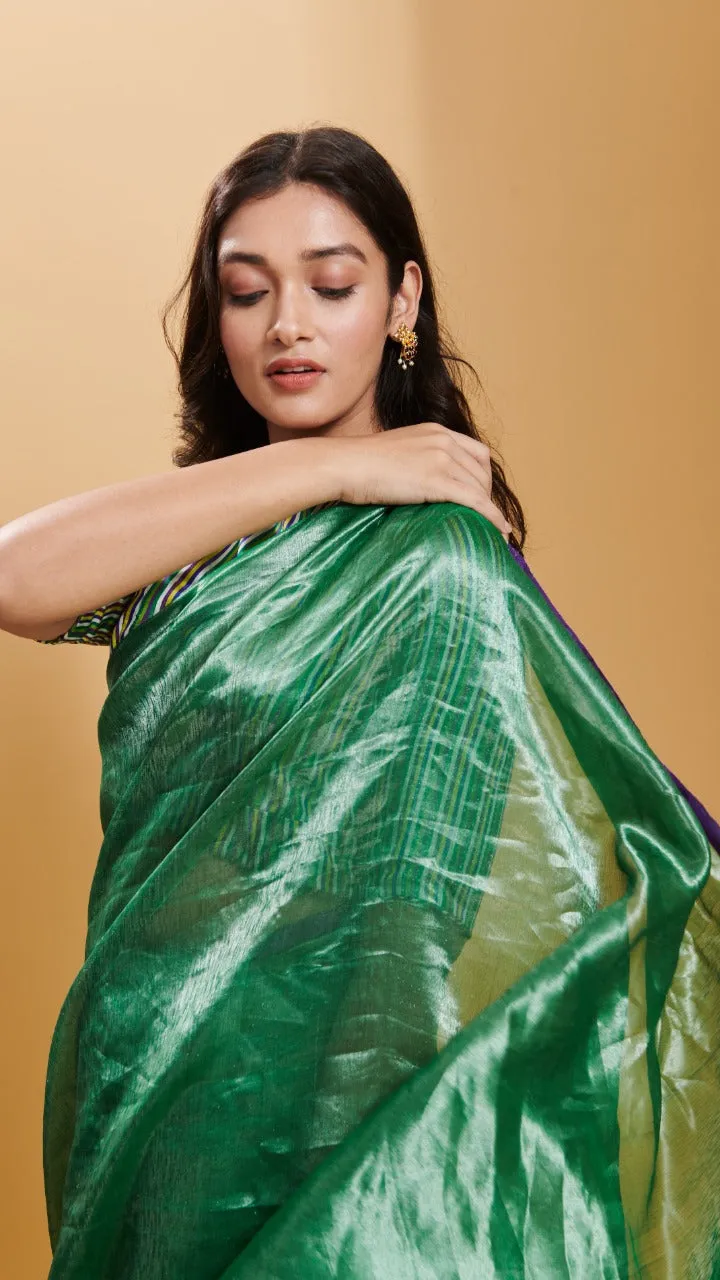 Green Dancing Moonlight metallic mulberry silk saree