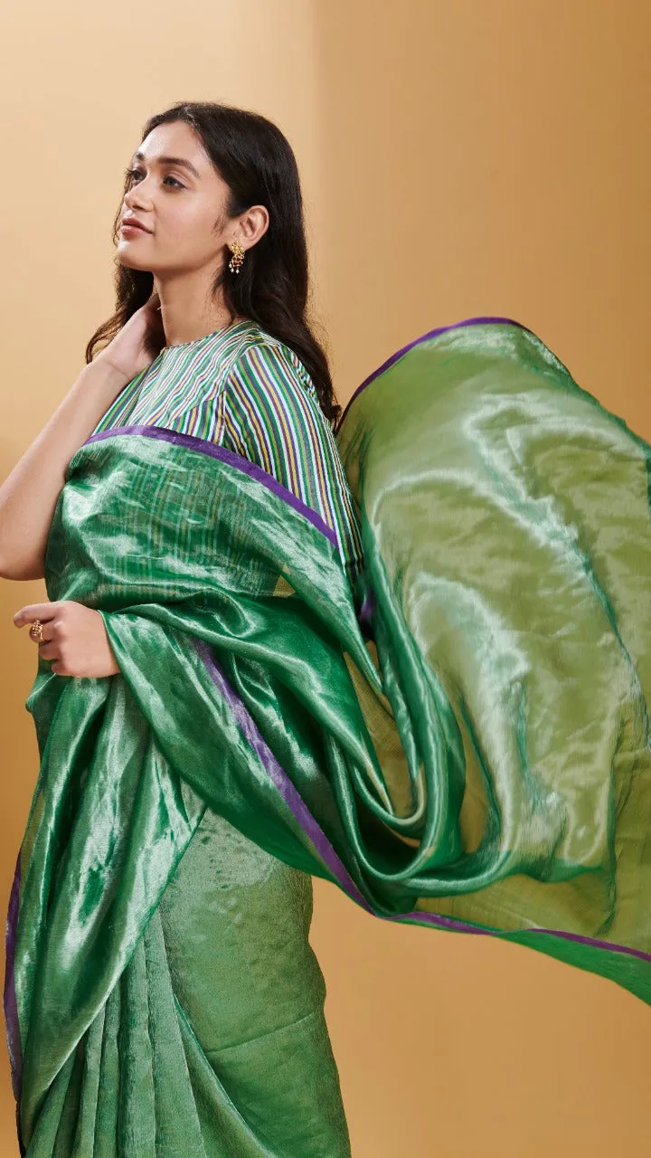 Green Dancing Moonlight metallic mulberry silk saree