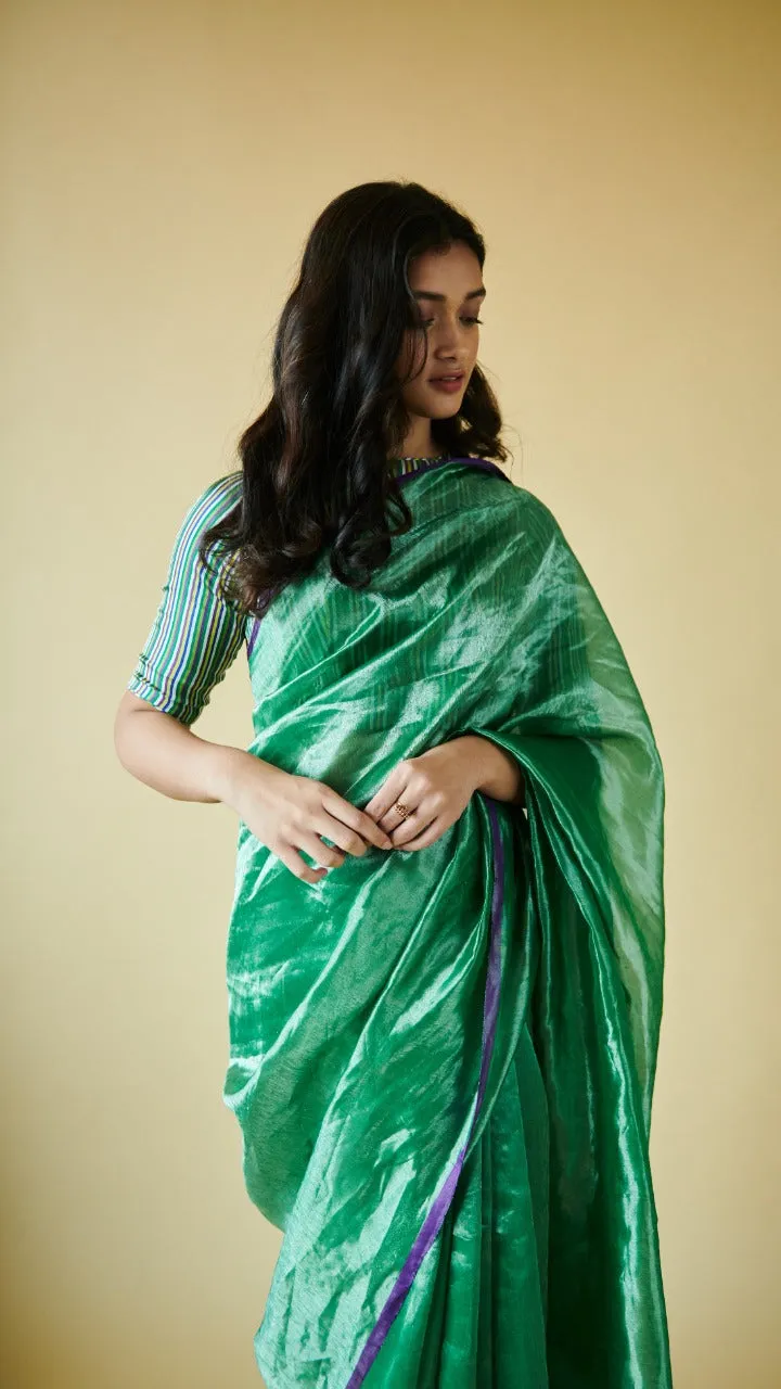 Green Dancing Moonlight metallic mulberry silk saree