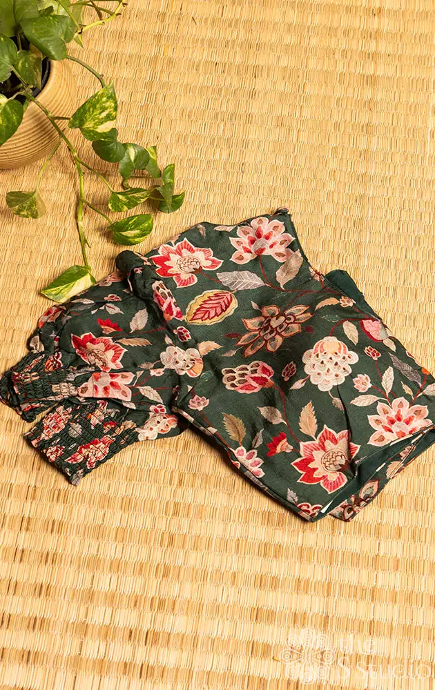 Green floral printed semi silk readymade blouse