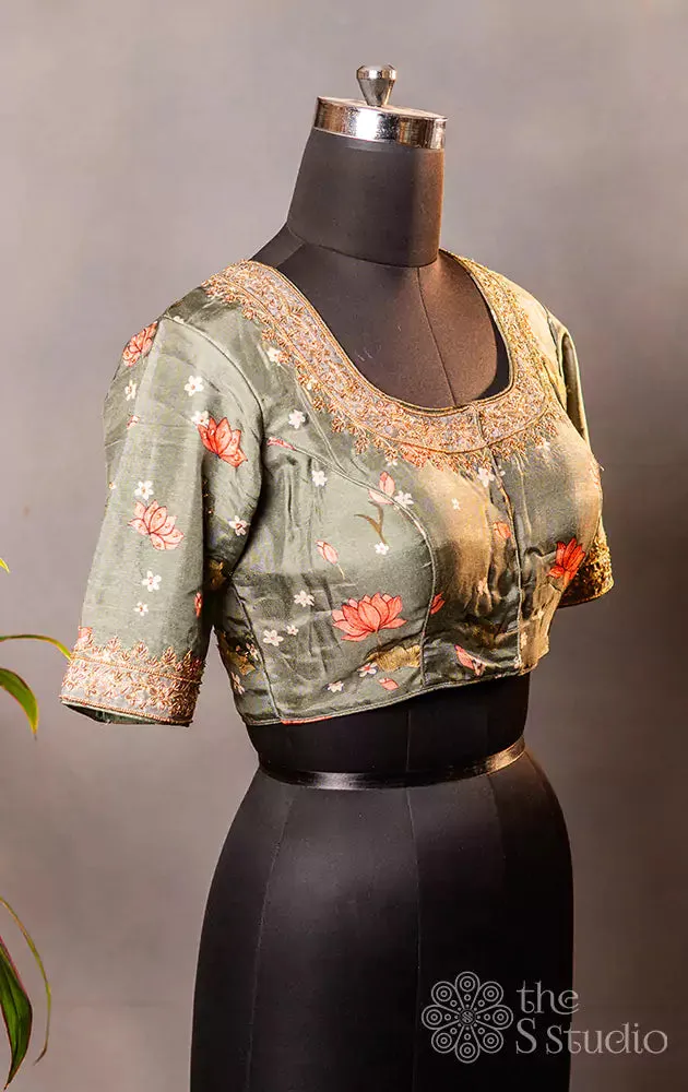 Green printed semi silk readymade blouse with hand embroidery