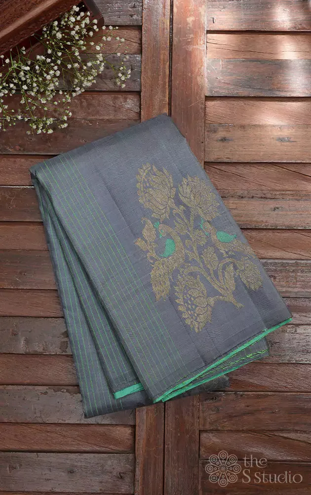 Grey kanchi silk saree with zari woven bird motifs