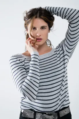 Grey Striped Sweater with Boat Neck