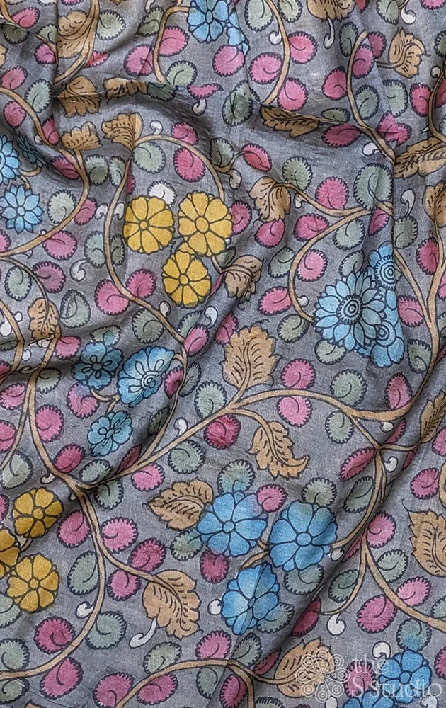 Grey tussar silk  with handpainted pen kalamkari work