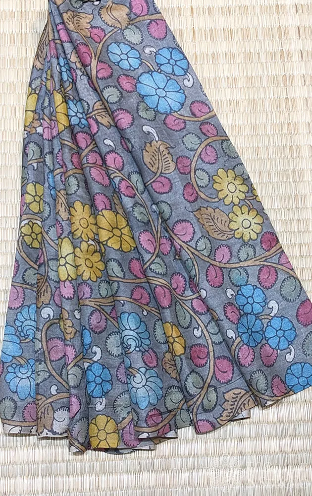 Grey tussar silk  with handpainted pen kalamkari work