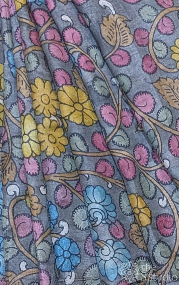 Grey tussar silk  with handpainted pen kalamkari work