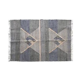 Jute and Cotton Dhurrie Rug with Geometric Pattern and Fringe