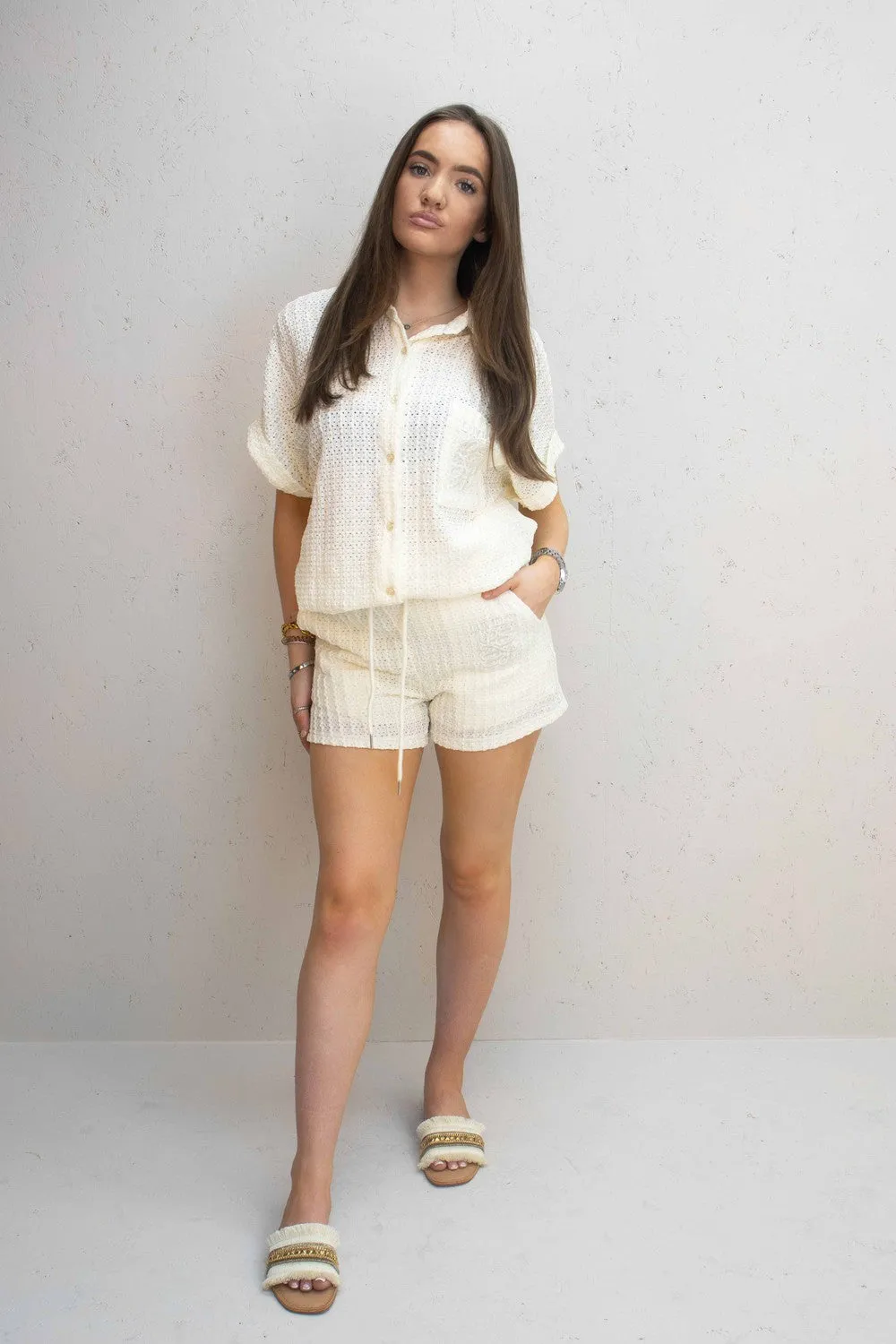 Kennedy Cream Mesh Button Up Embroidered Two Piece Co-Ord