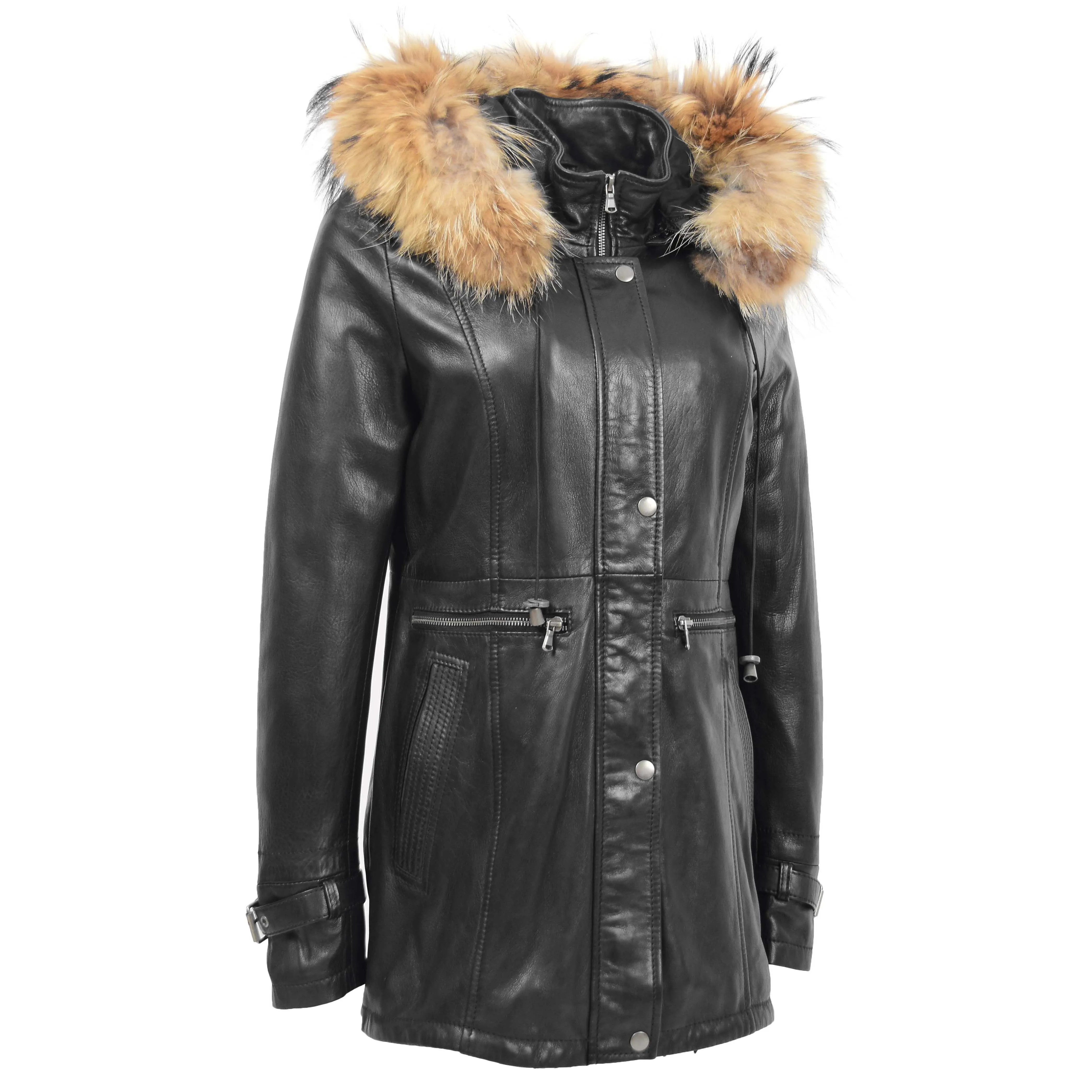 Ladies Genuine Black Leather Duffle Coat Removable Hood Parka Jacket Patty