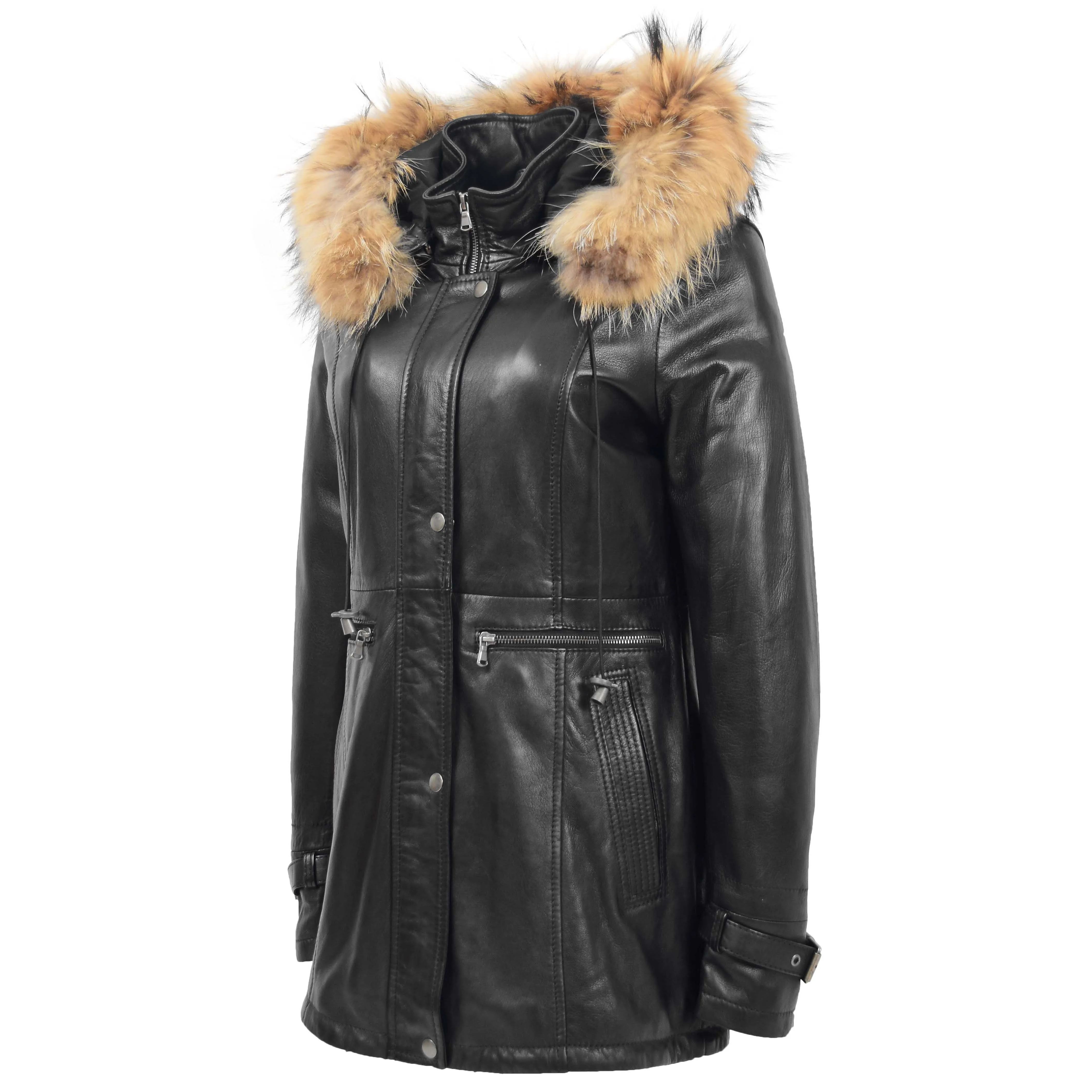 Ladies Genuine Black Leather Duffle Coat Removable Hood Parka Jacket Patty