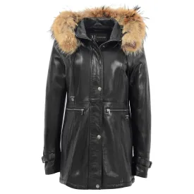 Ladies Genuine Black Leather Duffle Coat Removable Hood Parka Jacket Patty