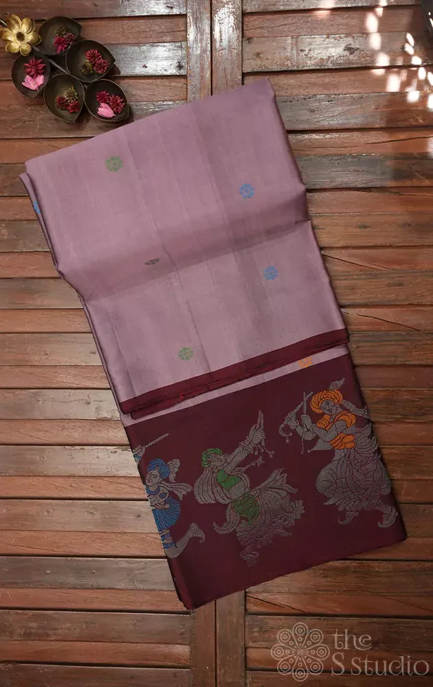 Light cocoa brown soft silk saree with dancing motifs  border