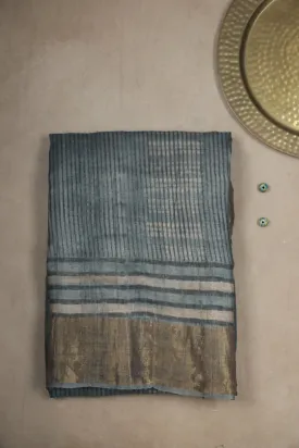 Light Grey Block Printed Tussar saree