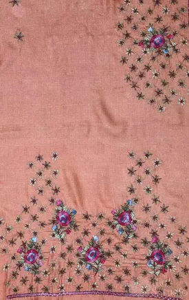 Light orange tussar silk material with floral kutch hand embroidery