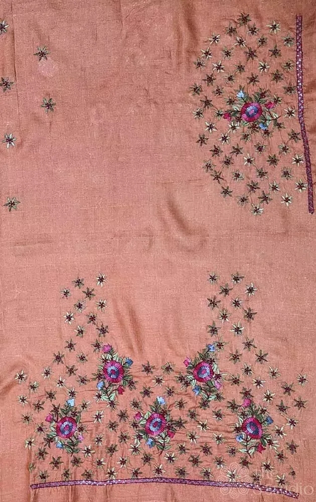 Light orange tussar silk material with floral kutch hand embroidery