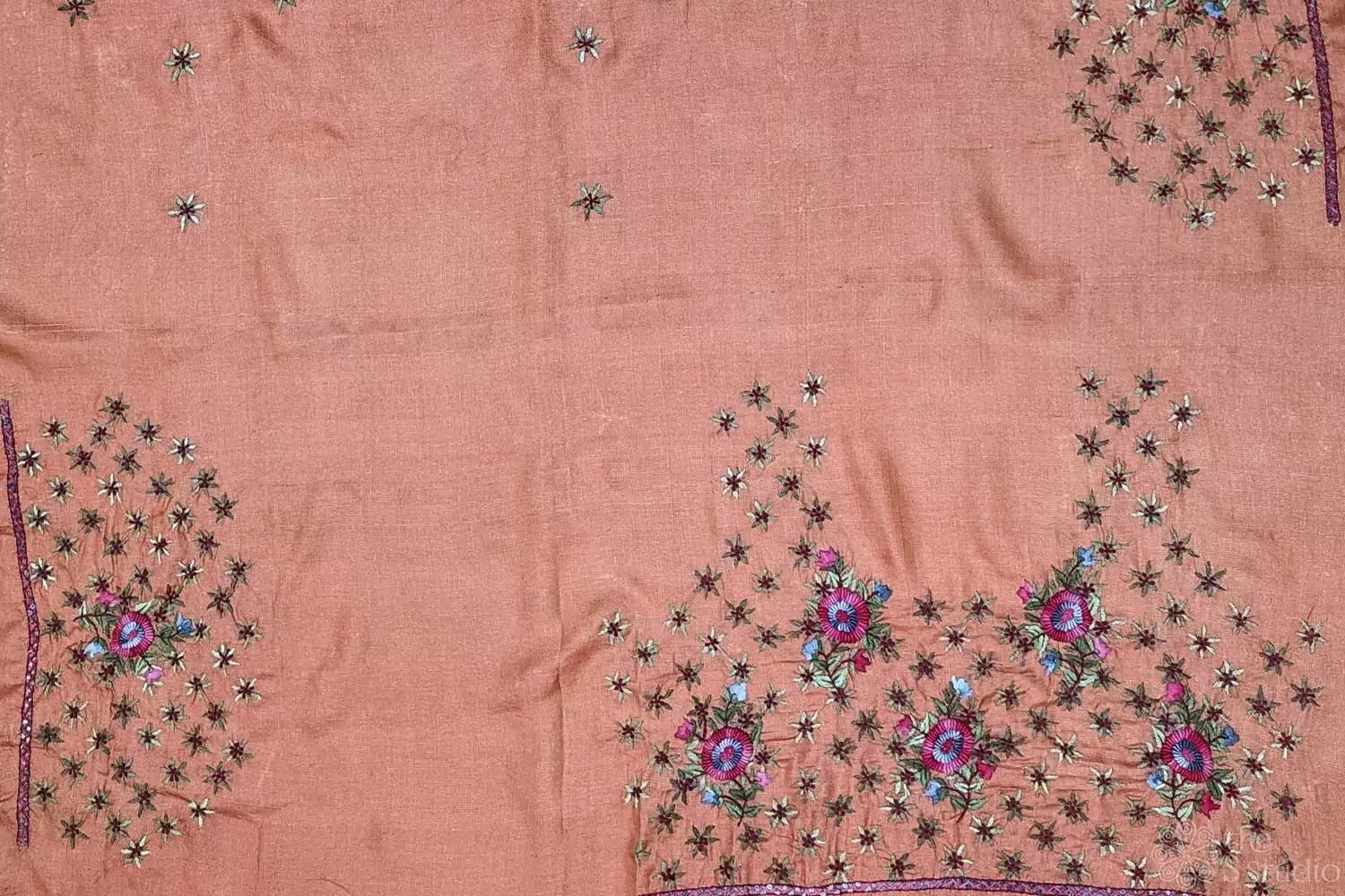 Light orange tussar silk material with floral kutch hand embroidery