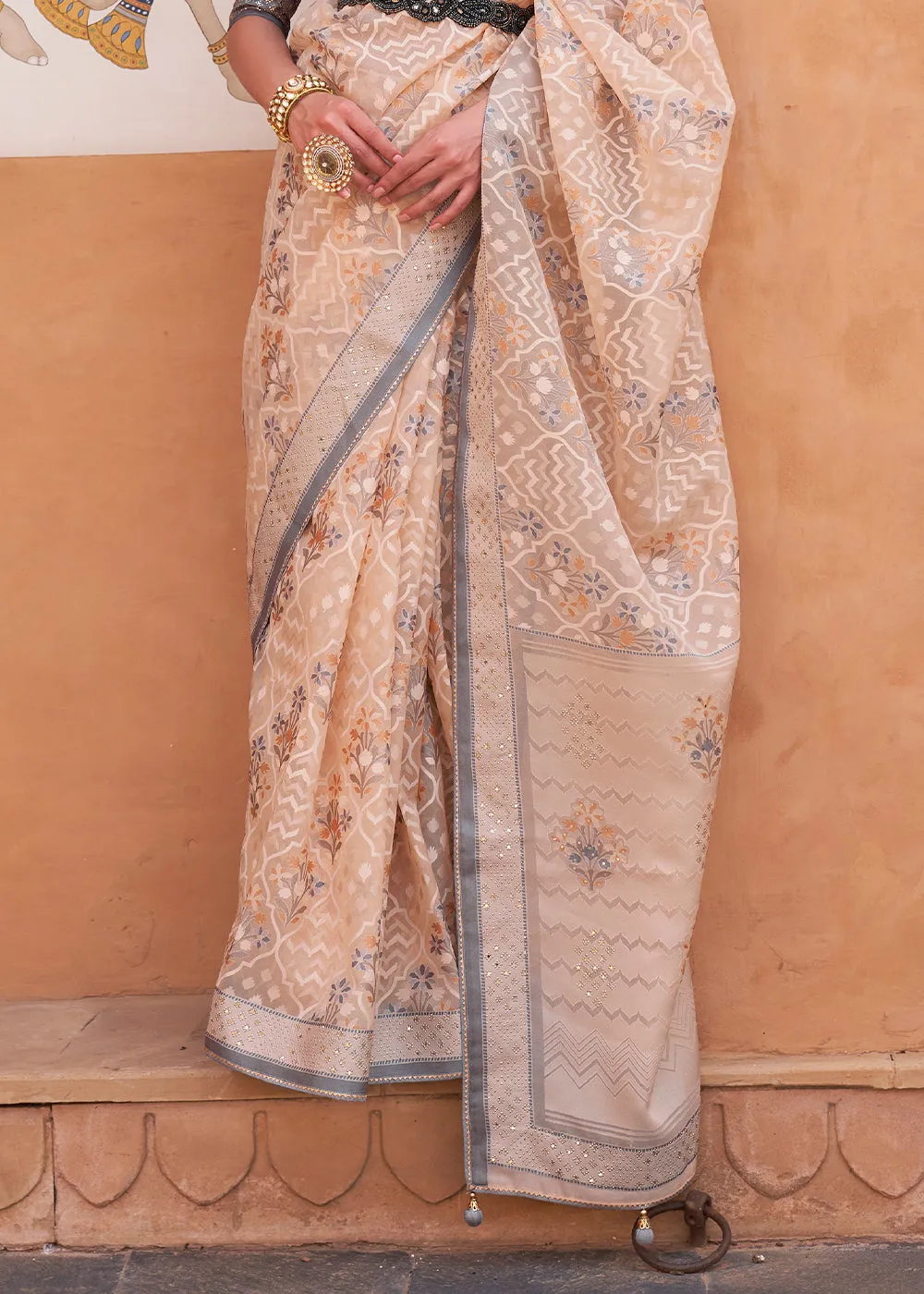 Light Peach Pink Patola Printed Tissue Silk Saree with Designer Blouse