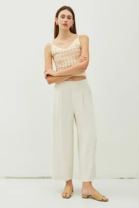 Linen Blend Pleated Wide Leg Crop Trousers