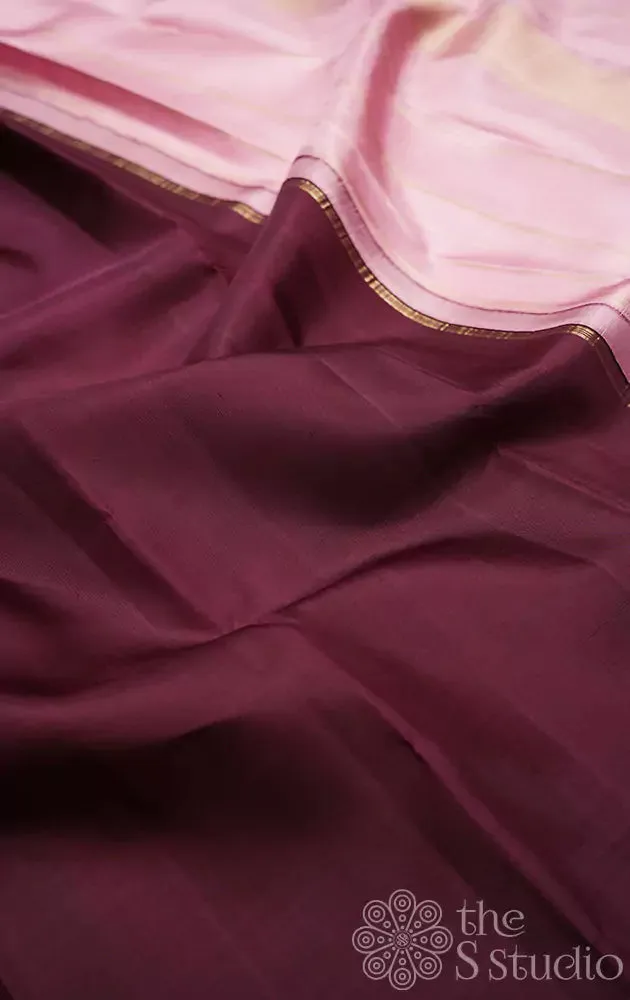 Maroon plain kanchi silk saree with onion pink pallu