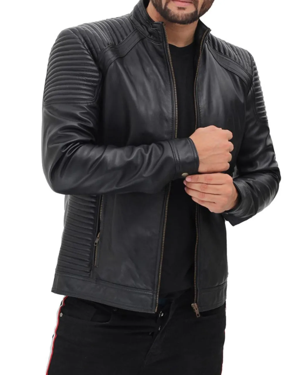 Men Fitted Genuine Leather Jacket With Shoulder Lining Padding